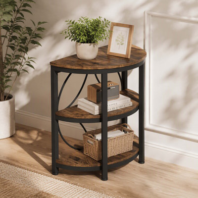 Table d'appoint à 3 niveaux en demi-lune rustique brun avec panneau de particules, structure en métal noir mat et demi-cercle