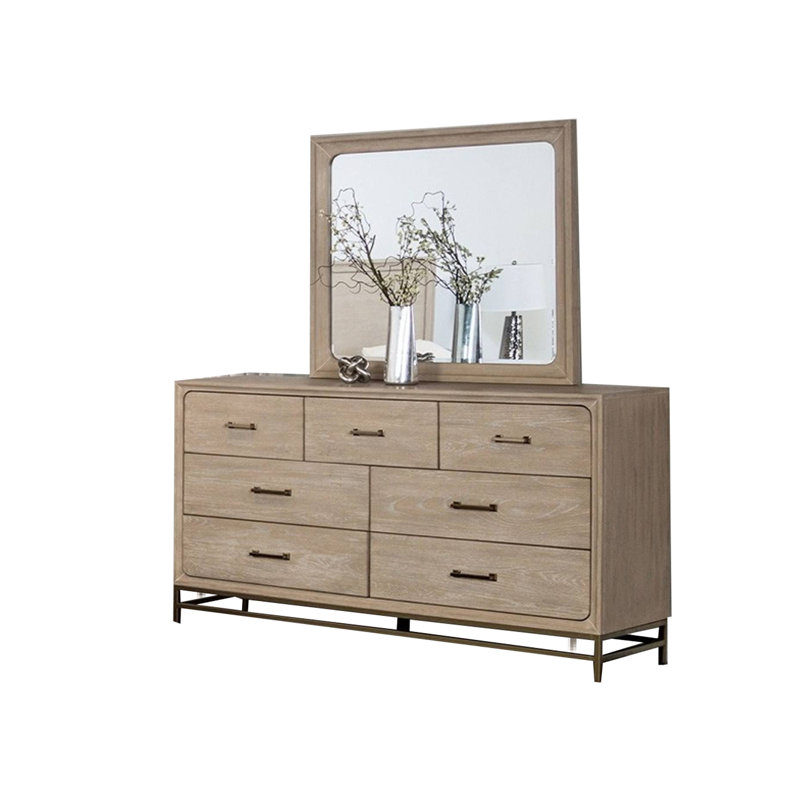 Ensemble de chambre avec grand lit 4 pièces avec miroir et commode brun clair Rozie