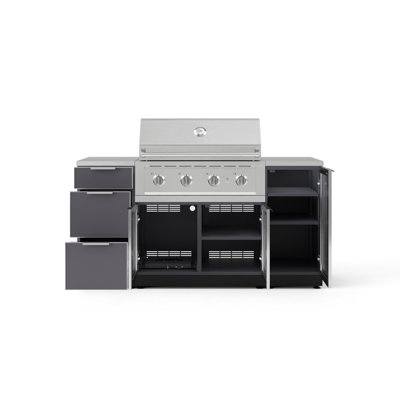 Ensemble d'armoires d'extérieur gris ardoise en aluminium 6 pièces avec 1 porte, 3 tiroirs, armoire de barbecue, gril au propane liquide 36 po et dessus en acier inoxydable 16 po