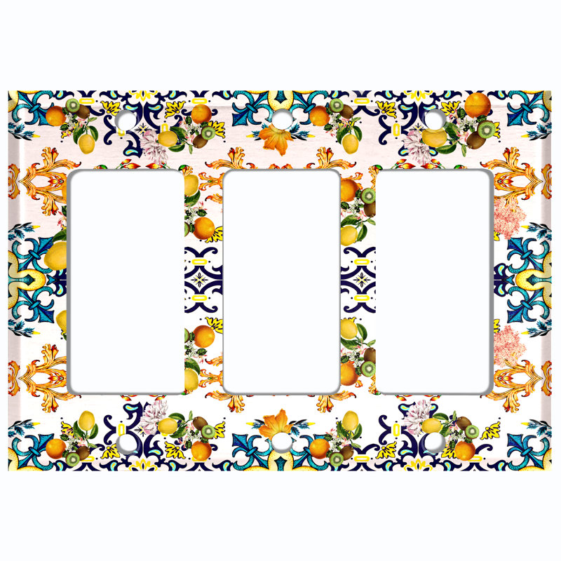 Blue Yellow Damask Tile Fruit White Patterned 3 - Gang Rocker Standard Wall Plate