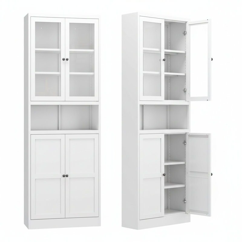 Grand garde-manger autoportant avec portes en verre, tablettes réglables et rangement, blanc