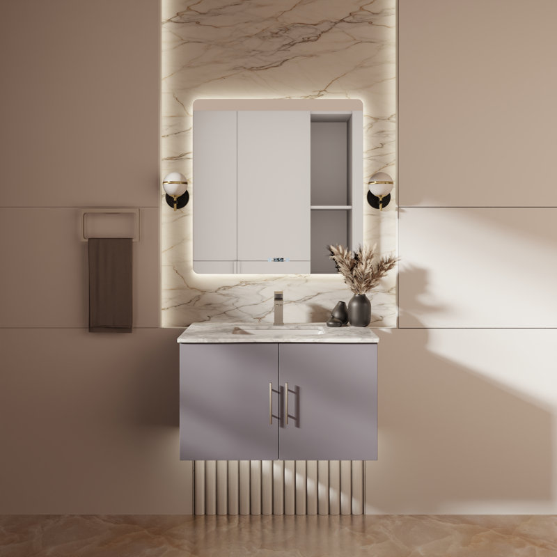 Geneva 30" Wall-Mounted Single Bathroom Vanity Set, Dark Gray, White Carrara Marble