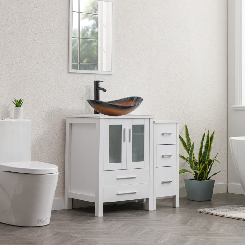 Breahnna 36'' Free Standing Single Bathroom Vanity with Manufactured Wood Top, Vessel Sink, Faucet, Drain, White, Bronze