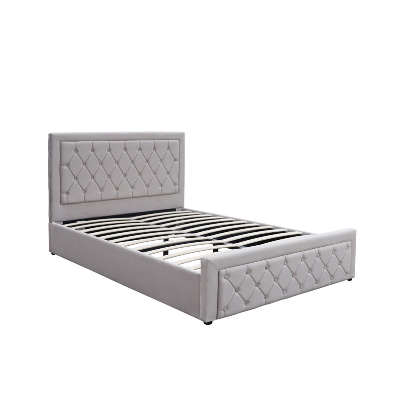 Ottoman Storage Gaslift Bed Grey Velvet With Memory Foam Mattress Bedroom Furniture, Small Double (109 x 128cm)