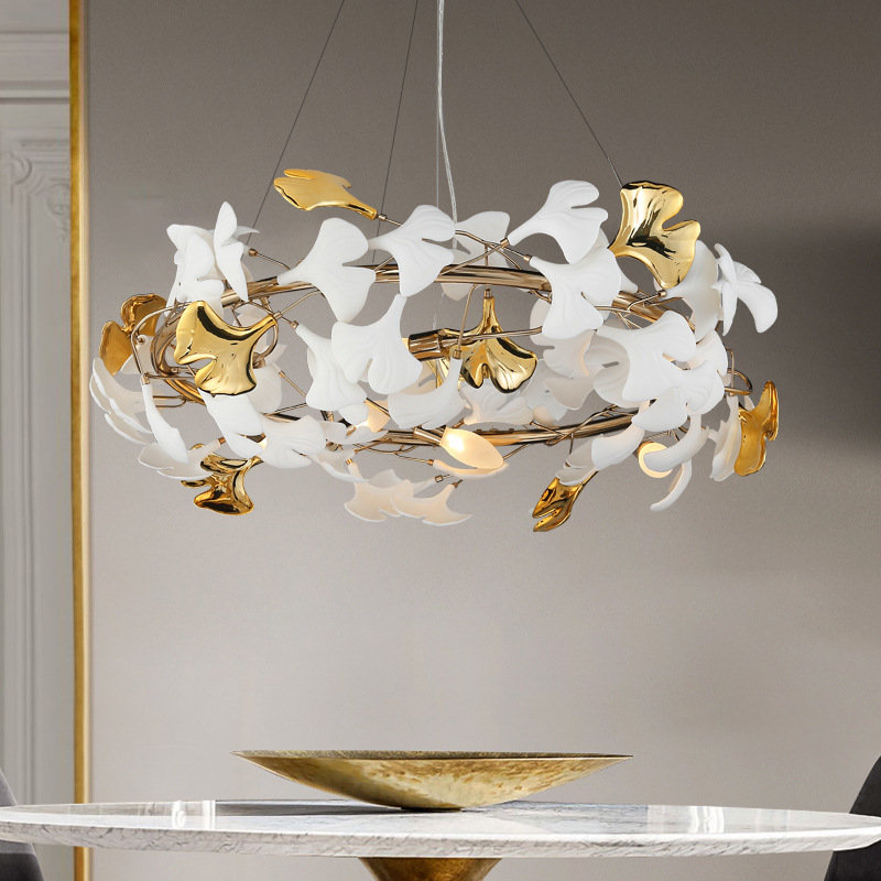 Lustre en céramique avec feuilles de ginkgo, H 12 po x l 23,6 po x P 23,6 po