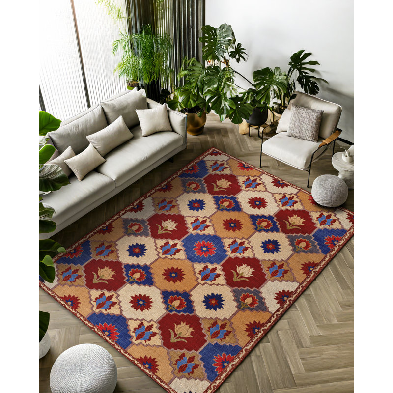 Saffron Collection Digital Print Cotton-Polyester Multicolor Floral Rug, Runner 5'3" x 14'10"
