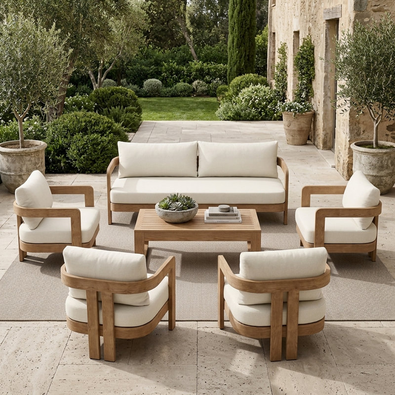 Assembly Free Sofa, Quick Assembly Coffee Table,Outdoor Aluminum Sofa Set, 7 Person Outdoor Seating Sofa, Wood Grain Veneer Sofa Set for Patio