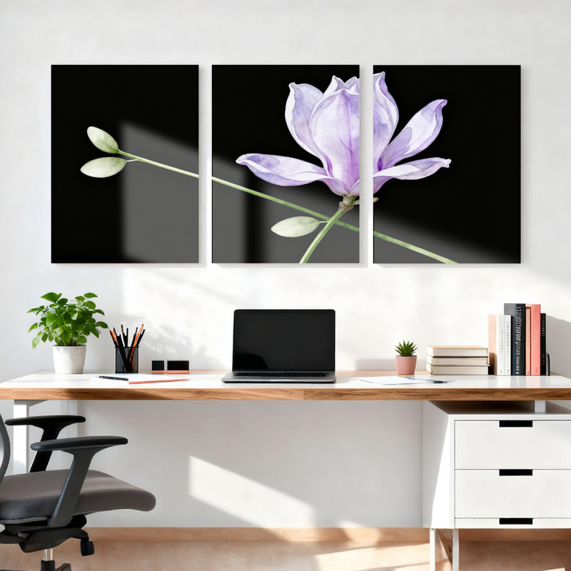 Fleur de magnolia mauve sur fond noir, impression sur toile tendue, ensemble floral moderne (ensemble de 3)