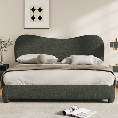  GrassGreen Boucle Bed Frame with Upholstered Headboard, Soft Low Profile Sturdy Platform Bed with Rounded Corners Design, Heavy Duty, Wooden Slats, Noise Free, No Box Spring Needed, Queen Size