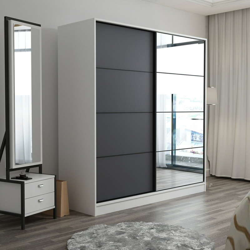 Armoire-penderie 2 portes avec 2 tiroirs, Blanc / gris anthracite