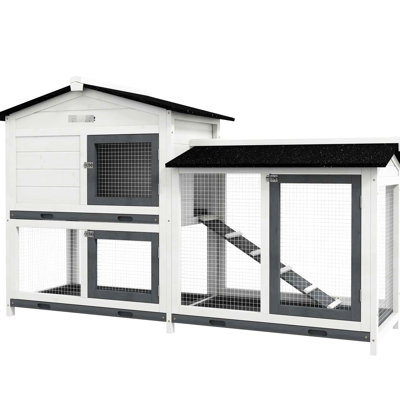 Cage à lapin en bois blanc, 62 po avec aire de jeu, construction, plateau amovible, portes verrouillables, toiture en asphalte, cage à cobaye facile à nettoyer, construction, toit
