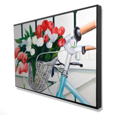 "Vélo avec tulipes fleurs dans un panier" sur toile