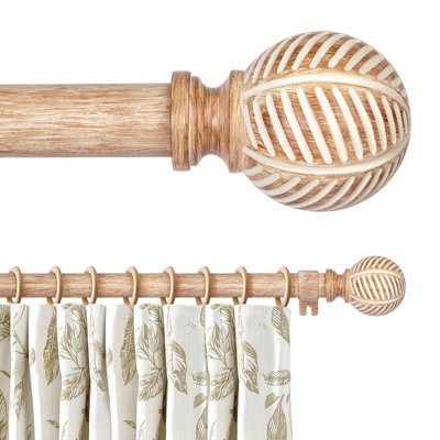 Wood Curtain Rods for Windows, 1 Inch Adjustable Heavy Duty Drapery Rod with Imitation Wood Grain and Decorative Leaf Pattern Finials, Boho Style