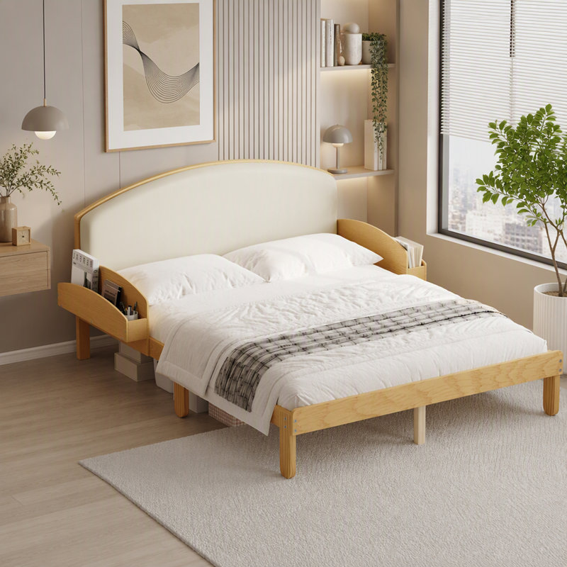 Lit double avec tête de lit rembourrée et tablettes, Naturel