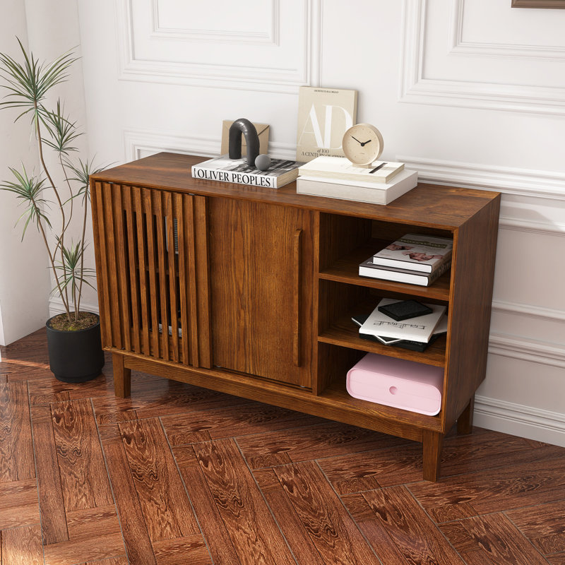 Buffet avec rangement, buffet cannelé de ferme avec 2 portes et pieds en bois massif, meuble télé, meuble de rangement pour la cuisine, la salle à manger, le salon, le couloir, le noyer