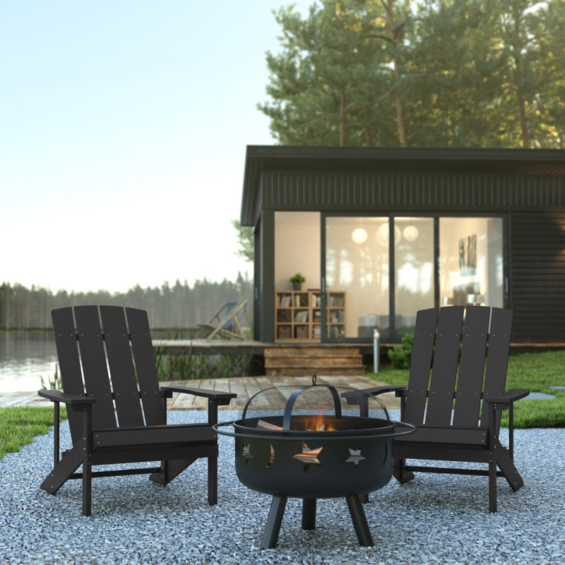 Star and Moon Fire Pit with Mesh Cover & 2 Poly Resin Adirondack Chairs, Slate Gray