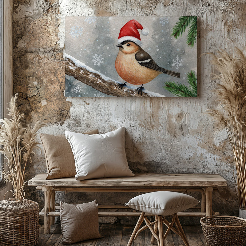 Toile, une charmante scène d'hiver avec un petit oiseau dodu perché sur une branche recouverte de neige ornée d'une toile rouge vif