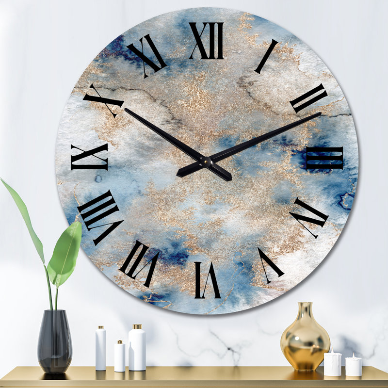 Marble Clouds I - Horloge murale moderne, Surdimensionné, Bleu / doré