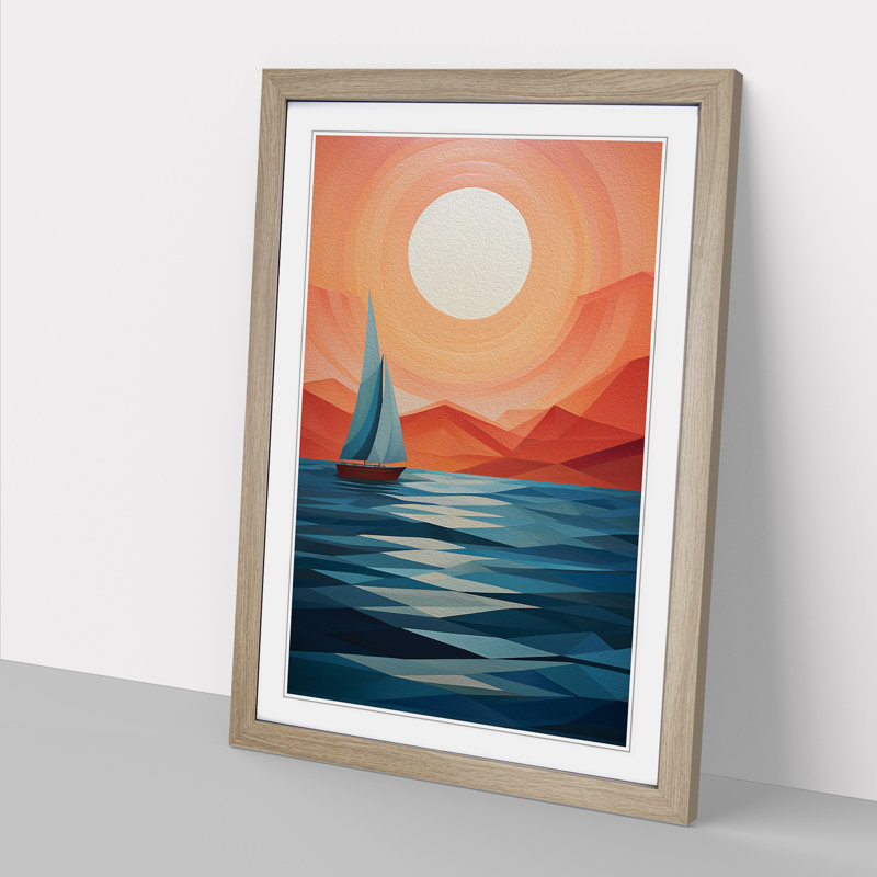 Seascape Geometric - Single Picture Frame Print on Wood, Oak, 34cm H x 25cm W x 2cm D
