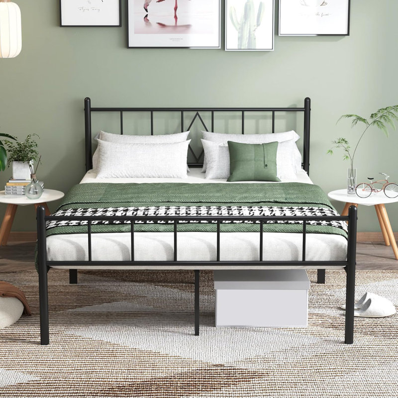 Structure de lit double de 14 pouces avec tête de lit / pied de lit, rangement sous le lit, support solide en lattes de métal, sans sommier, sans bruit, assemblage facile, noir
