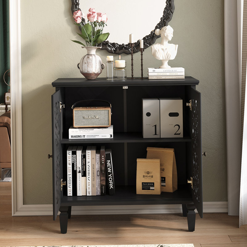 Accent Cabinet, 2-Door Display Storage Cabinet, Sideboard With Adjustable Shelf And Solid Wood Legs, Black