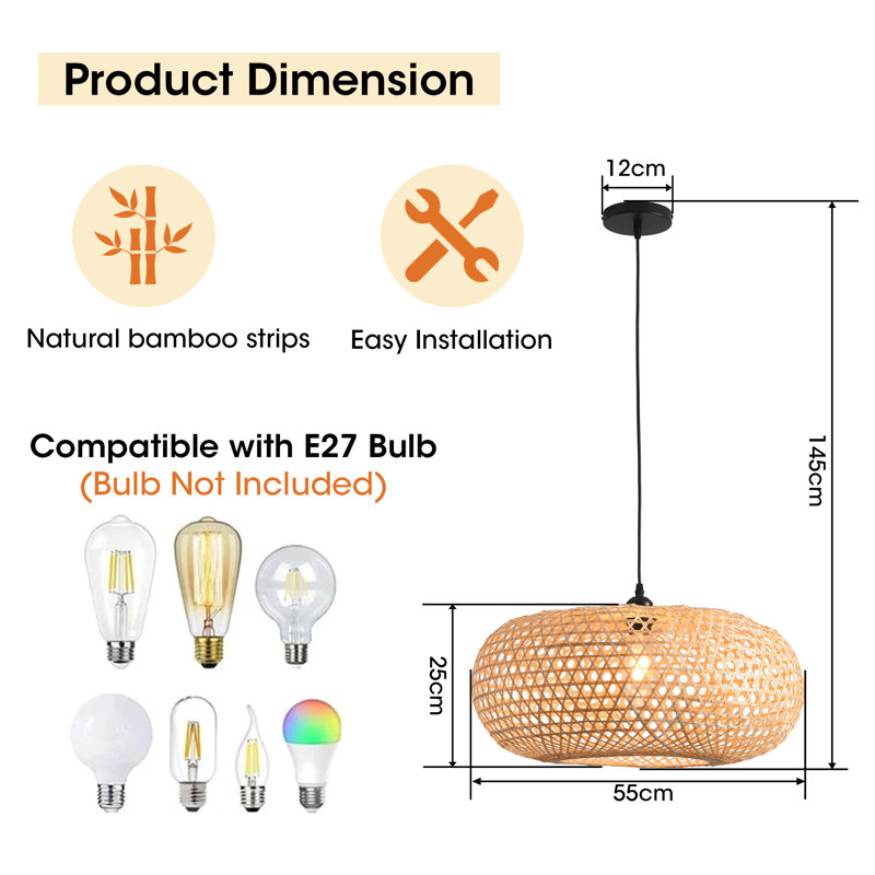 Bamboo Pendant Light, Natural Bamboo Shade, Iron Frame, Adjustable Height, E27 Socket, 55 Cm Diameter, For Living Room Dining Area (Bulb Not Included)