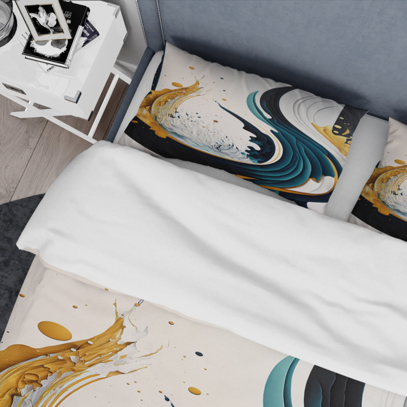 Ensemble de housse de couette en microfibre / polyester bleu et doré, Housse de couette pour très grand lit et 2 très