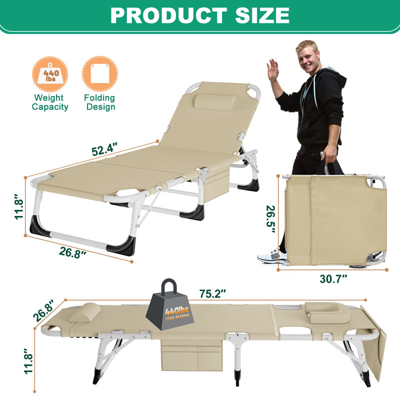 2PK Folding Lounge Chair with 5 Adjustable Positions, Hole, 2 Sided Cushion & Pillow, 2Carry Straps, Khaki