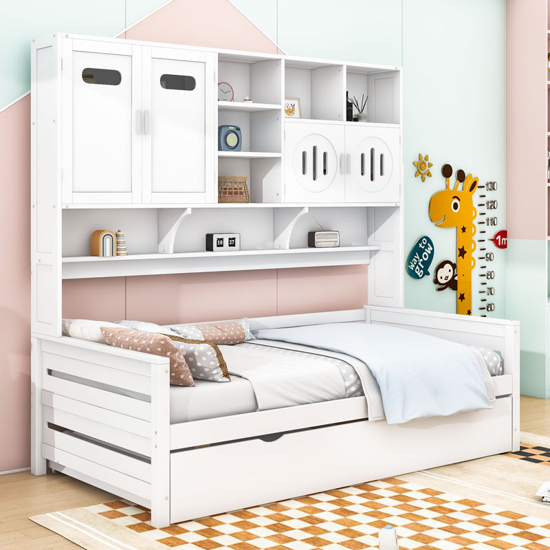 Daybed with Trundle, Shelves and All-in-One Cabinet, Twin, White