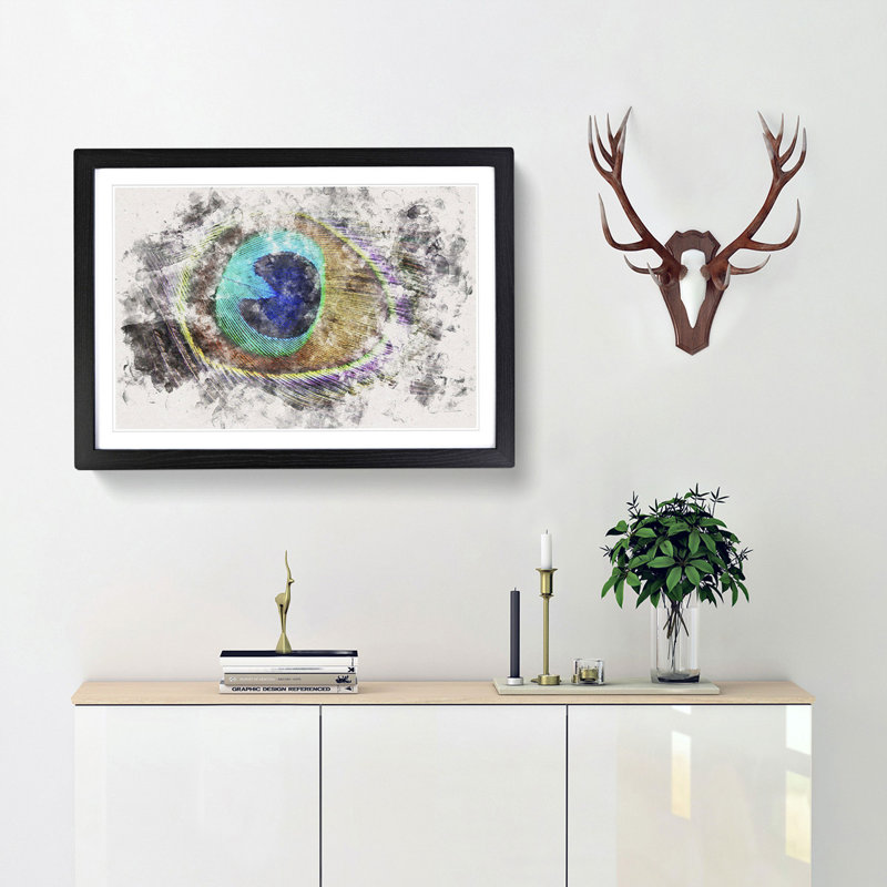 Delicate Peacock Feather - Single Picture Frame Painting on MDF, 45cm H x 63cm W x 2cm D, Black Framed
