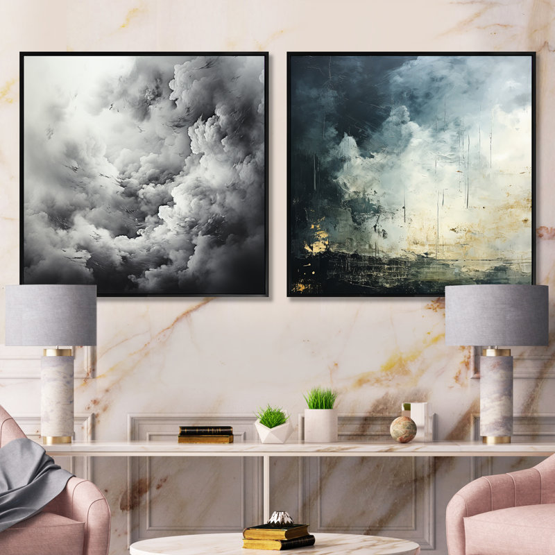 Minimalisme gris ciel tempête - Strom carré ensemble de 2 collages, Cadre flottant noir, H 36 po x l 73 po