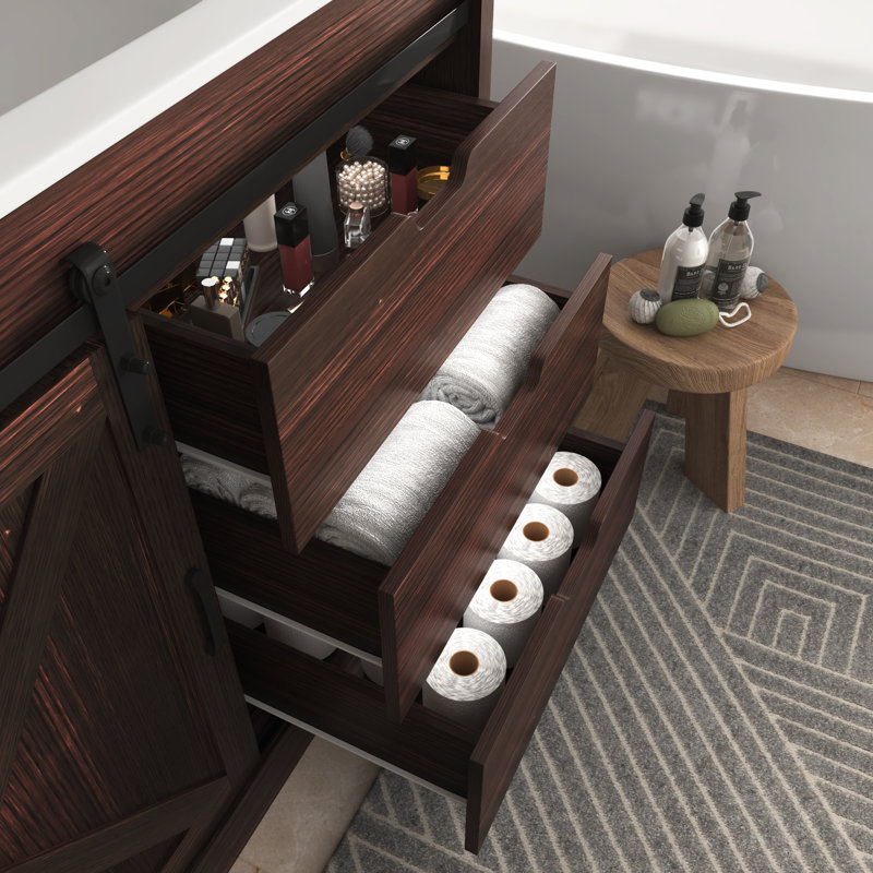 48" Bathroom Vanity With Sink, Faucet, Mirror, Sliding Barn Door, And Drawers, Brown, 48"