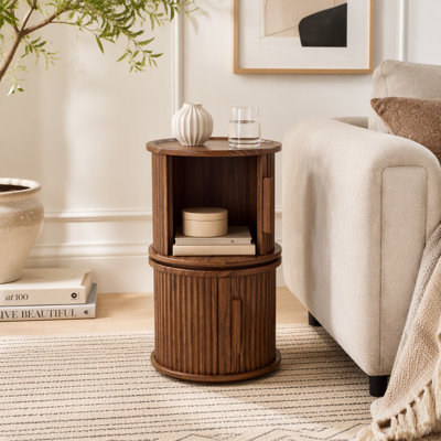 Ensemble de 2 tables basses rondes avec rangement à porte coulissante et colonne romaine cannelée