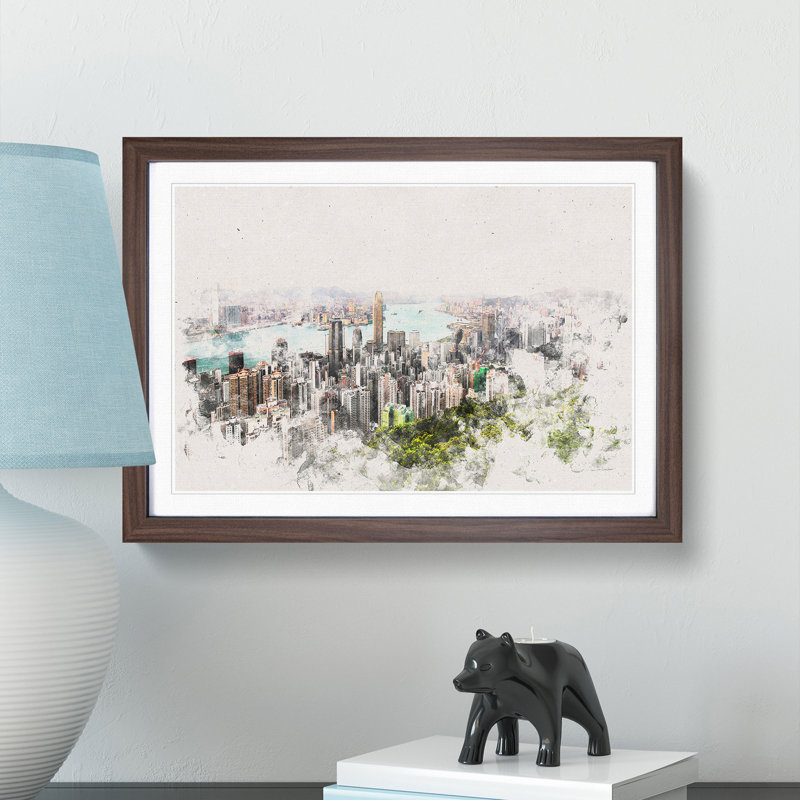 Hong Kong Skyline - Picture Frame Painting Print, 36cm H x 48cm W x 2cm D, Walnut Framed