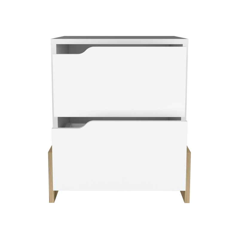 Table de chevet avec 2 tiroirs, table de bout avec base robuste, blanc / macadamia, Blanc / Macadamia