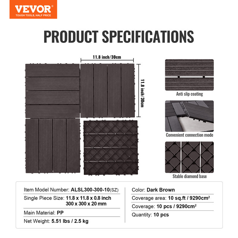 Ensemble de 10 tuiles de terrasse à emboîtement imperméable 12 "x 12" pour porche VEVOR, Marron foncé