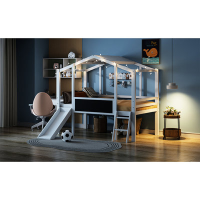 Twin Loft Bed With Slide And Blackboard - White House Attractive Strip Provide Fun Comfort Suitable For Over 6 Easy To Assemble Include Romantic Enhances Bedroom Appeal Fashionable