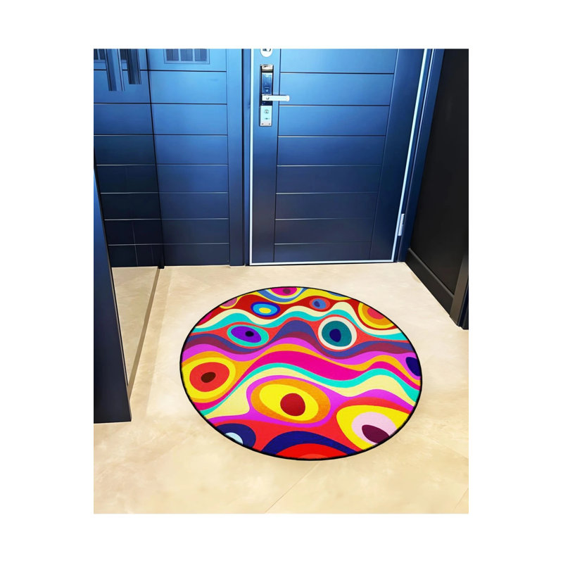 Multicolored Circles Woven Base Modern Decorative Carpet, Round 5'