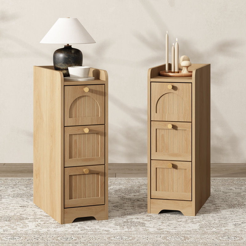 Arched Fluted Design Side Table Set of 2, End Table with 3 Drawers Nightstands, Natural, 23.6" H x 7.9" W x 15.8" D