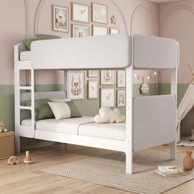 Twin Over Twin Wood Bunk Bed with Guardrails and Ladder