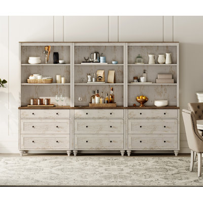 Buffet avec huche à bar, buffet avec tiroirs et tablettes à 3 niveaux, blanc rustique, 101 po
