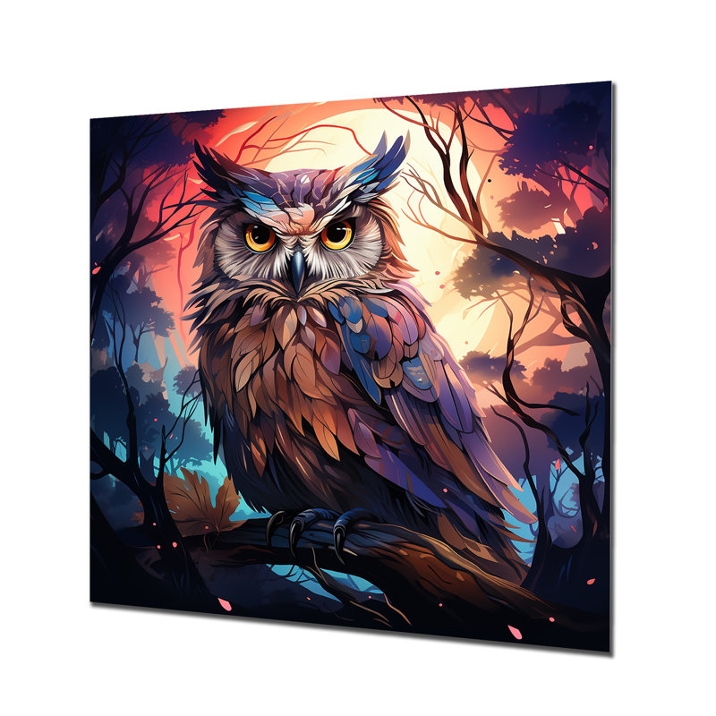 «Blue Mysterious Owl Forest II», art mural hibou en métal, H 16 po x l 16 po