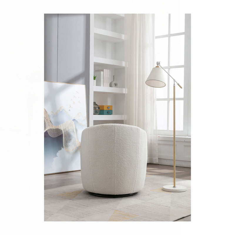 Swivel Barrel Chair, Ivory White Teddy Fabric