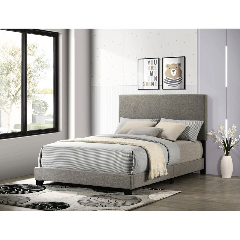 Lit double tapissier taupe avec tête de lit rembourrée, structure en bois d'hévéa et en bois d'ingénierie, pieds solides pour le décor de la chambre à coucher, lit à panneau de 45,5 pouces de hauteur, tête de lit élégante, bois, pieds noirs,