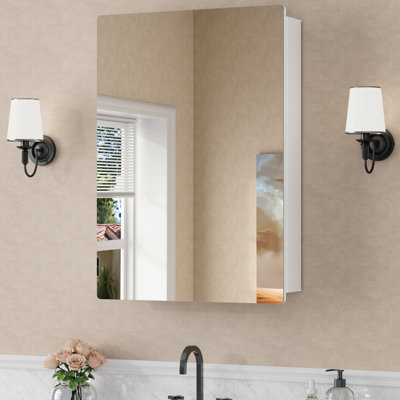 24 in. W x 30 in. H Frameless Bathroom Medicine Cabinet with Mirror, Recessed or Surface Mount, Adjustable Tempered Glass Shelves, Large Capacity Storage, Reversible Door, White