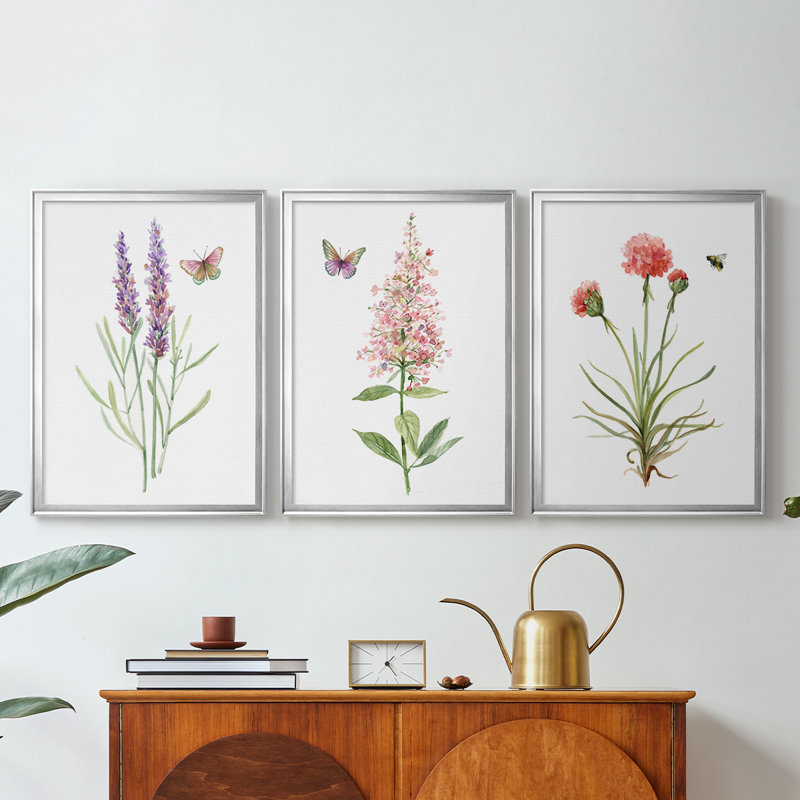 Wildflower Botanical I - Toile tendue avec châssis sur mesure - 3 pièces, H 19 po x l 27 po, Argent argent