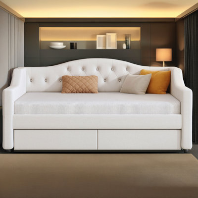 Twin XL Upholstered Daybed with LED Lights and 2 Storage Drawers, Linen Platform Bed with Padded Backrest