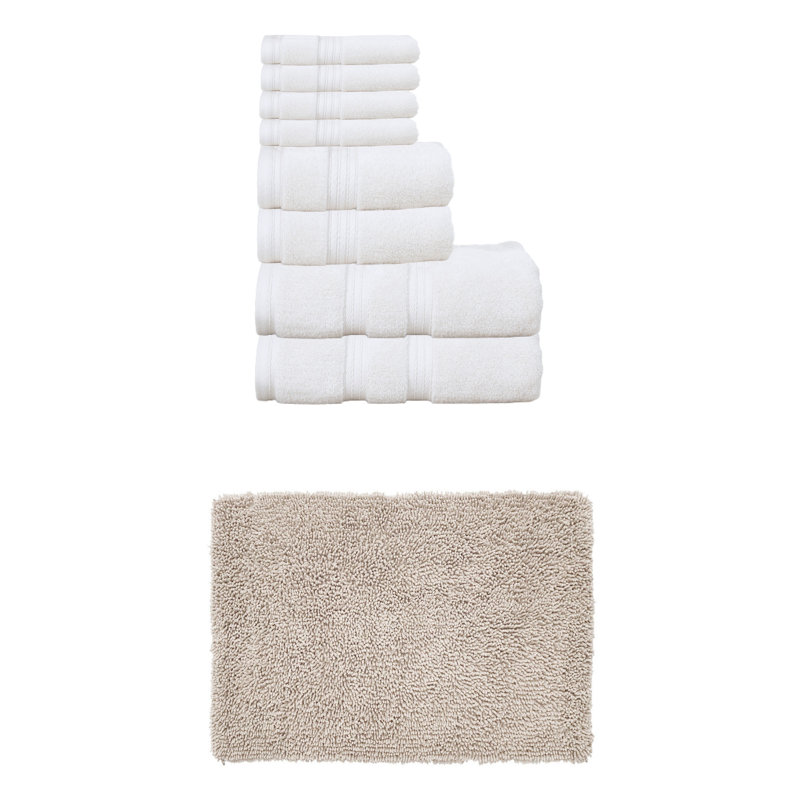 Bruno Collection 100% Soft Cotton Towel Set & 17x24" Bath Rug, Ivory, 9 Piece Towel Set