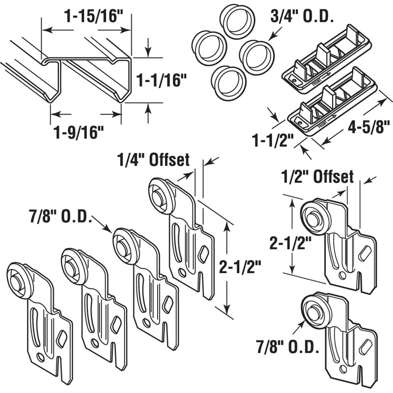 Ensemble de rail pour garde-robe Bypass, ouverture de 96 po, roulettes à cadran, acier, roues en plastique de 7/8 po (paquet simple)