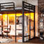 Lit mezzanine double avec tablettes de rangement et bureau, lit mezzanine en métal avec ports USB, lumières et tringle de suspension